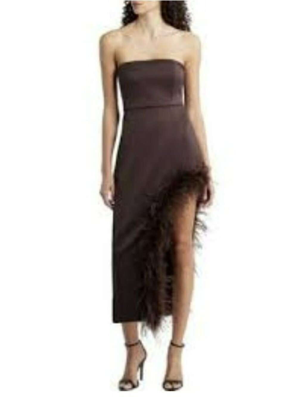 New Delfi Collective Jocelyn Feather Detail Strapless Satin Cocktail Sheath Dres